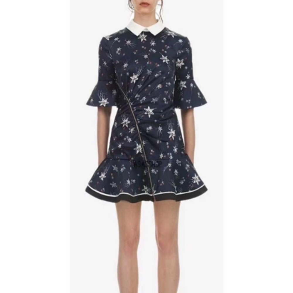 Self-Portrait Celestial Mini Dress Womens Size 0 Navy Star Print‎ Zip Front